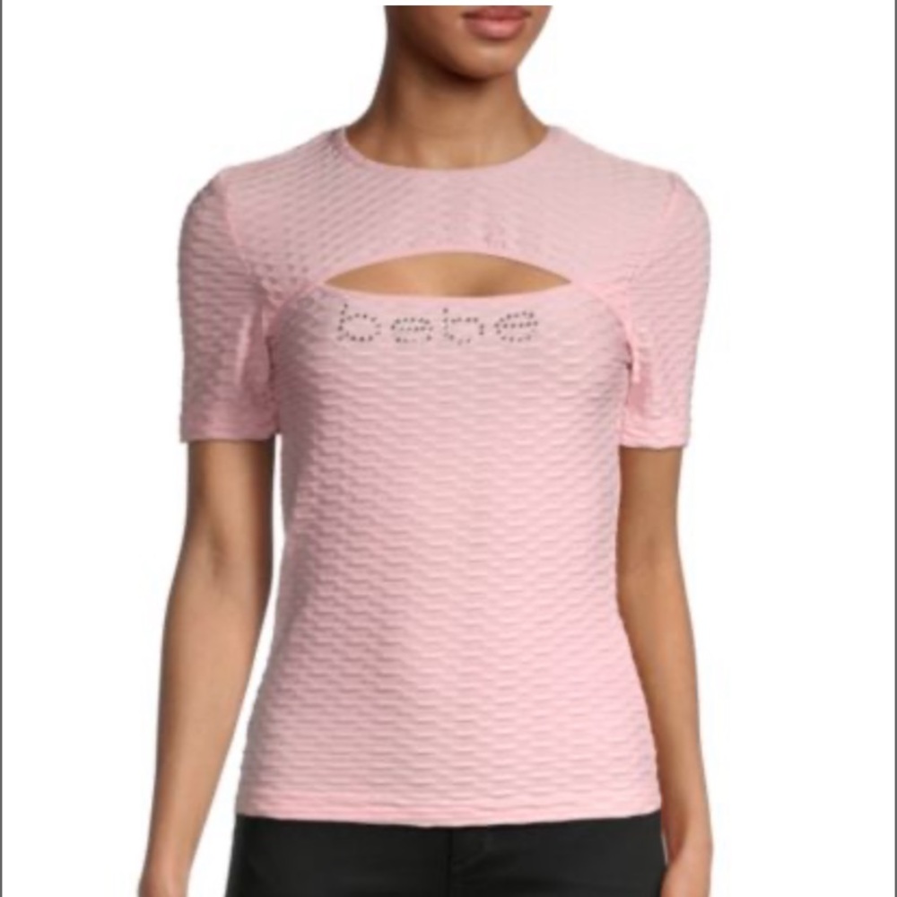 NWT Bebe peek a boo honeycomb tee in pinkesque, Sz. Lg.